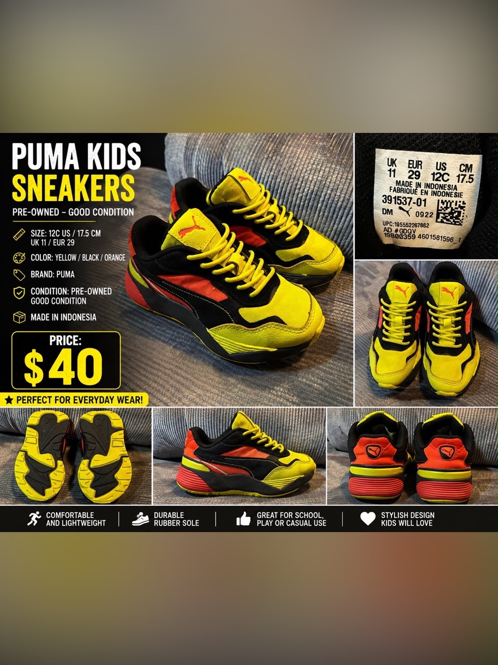 Puma Kids Yellow Black Orange Low-Top Sneakers